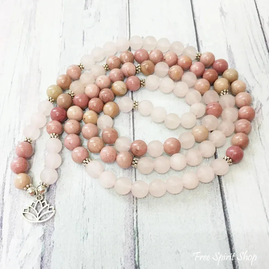 108 Natural Rhodonite & Rose Quartz Lotus Mala Beads