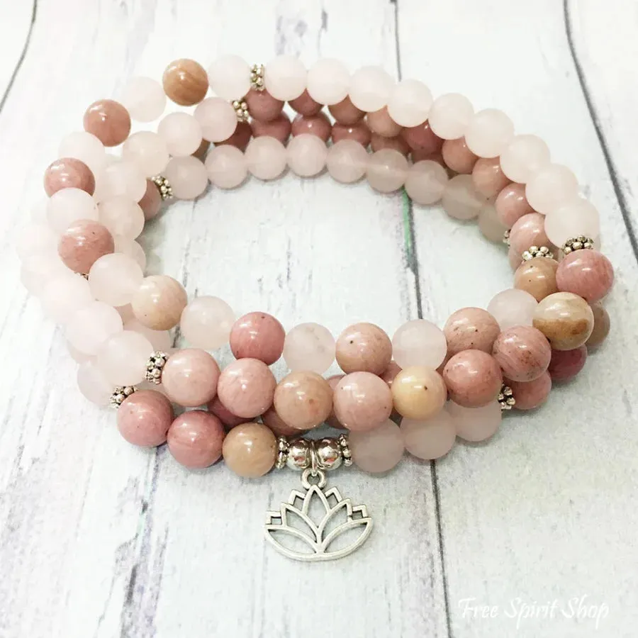 108 Natural Rhodonite & Rose Quartz Lotus Mala Beads