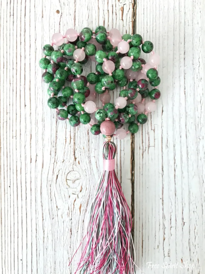 108 Natural Rose Quartz & Ruby Green Gemstone Bead Mala Prayer Necklace