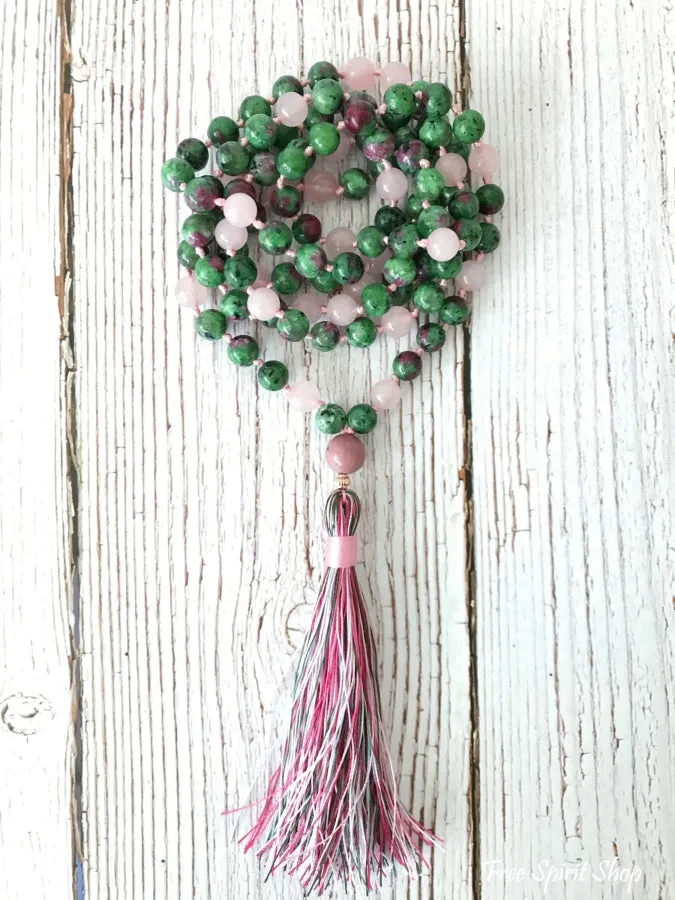 108 Natural Rose Quartz & Ruby Green Gemstone Bead Mala Prayer Necklace