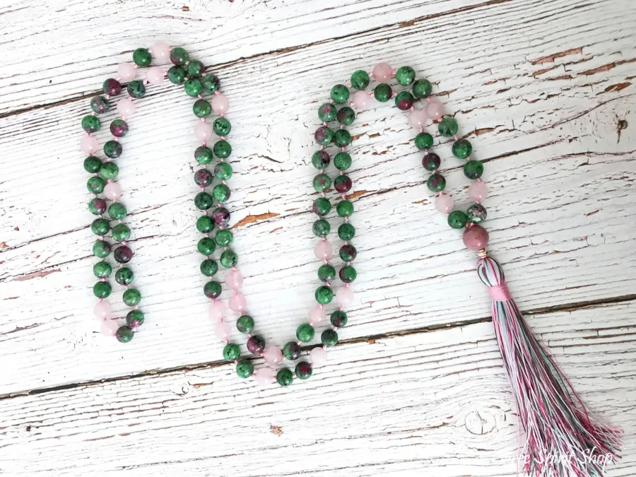 108 Natural Rose Quartz & Ruby Green Gemstone Bead Mala Prayer Necklace