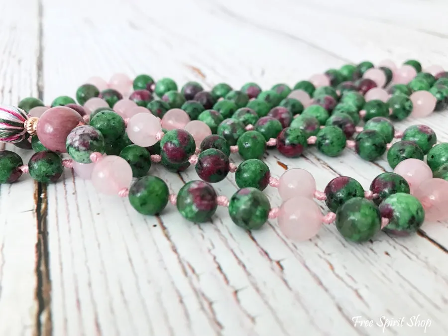 108 Natural Rose Quartz & Ruby Green Gemstone Bead Mala Prayer Necklace