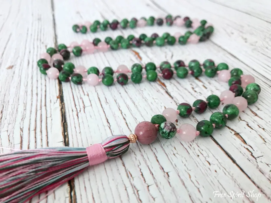 108 Natural Rose Quartz & Ruby Green Gemstone Bead Mala Prayer Necklace