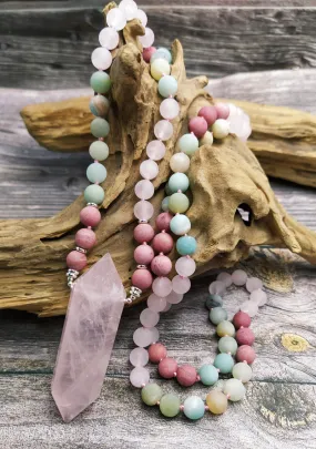 108 Natural Rose Quartz Amazonite Double Point Long Mala Necklace