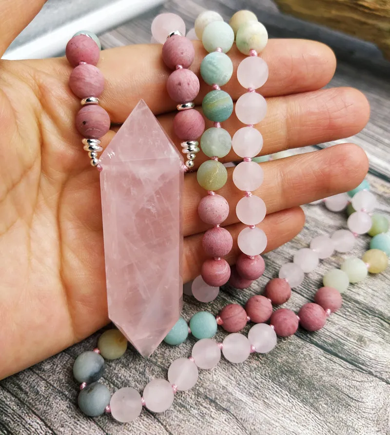 108 Natural Rose Quartz Amazonite Double Point Long Mala Necklace