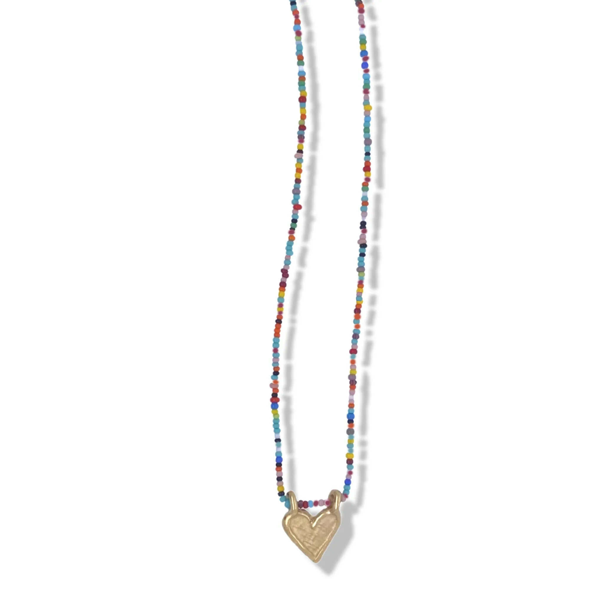 14K GOLD MINI HEART CHARM NECKLACE ON MULTI COLOR BEADS