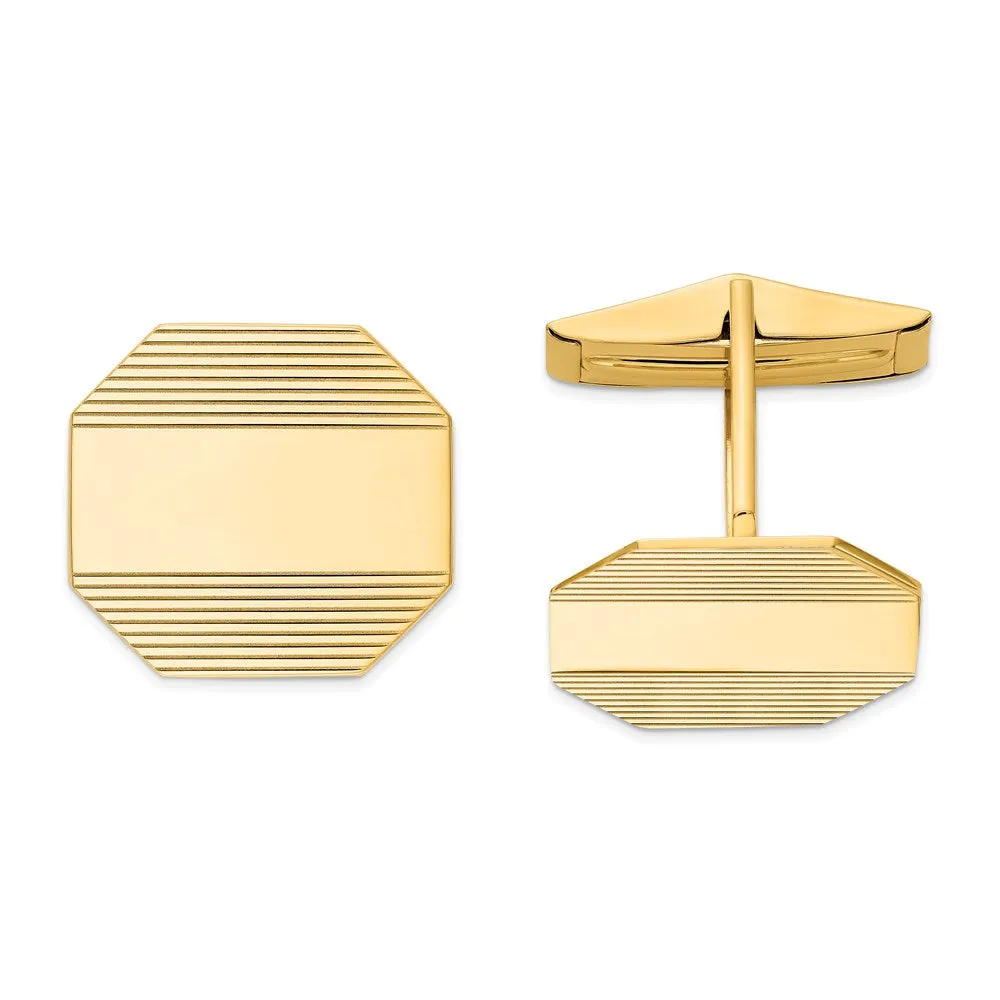 14k Real Gold Men's Rectangular Octagon With Line Design Cuff Links