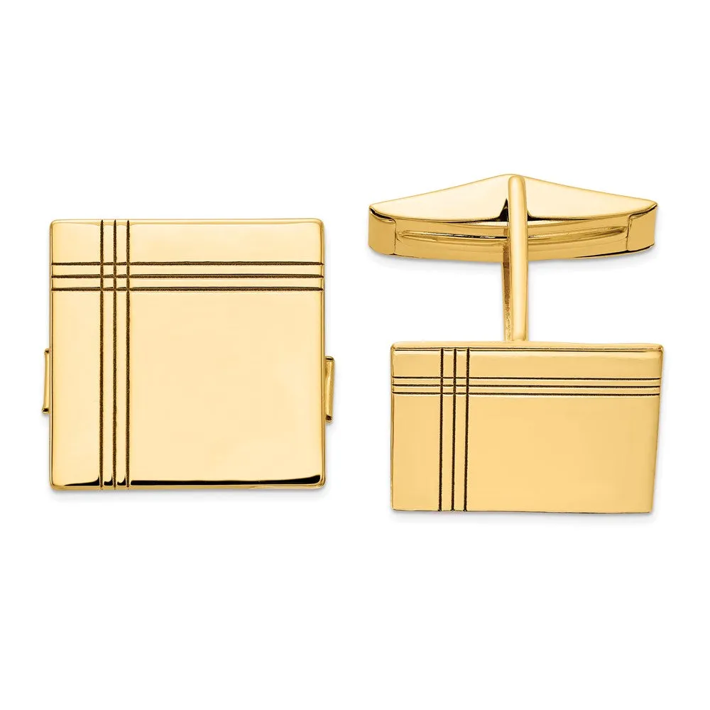 14k Real Gold Men's Square WithLine Design Cuff Links