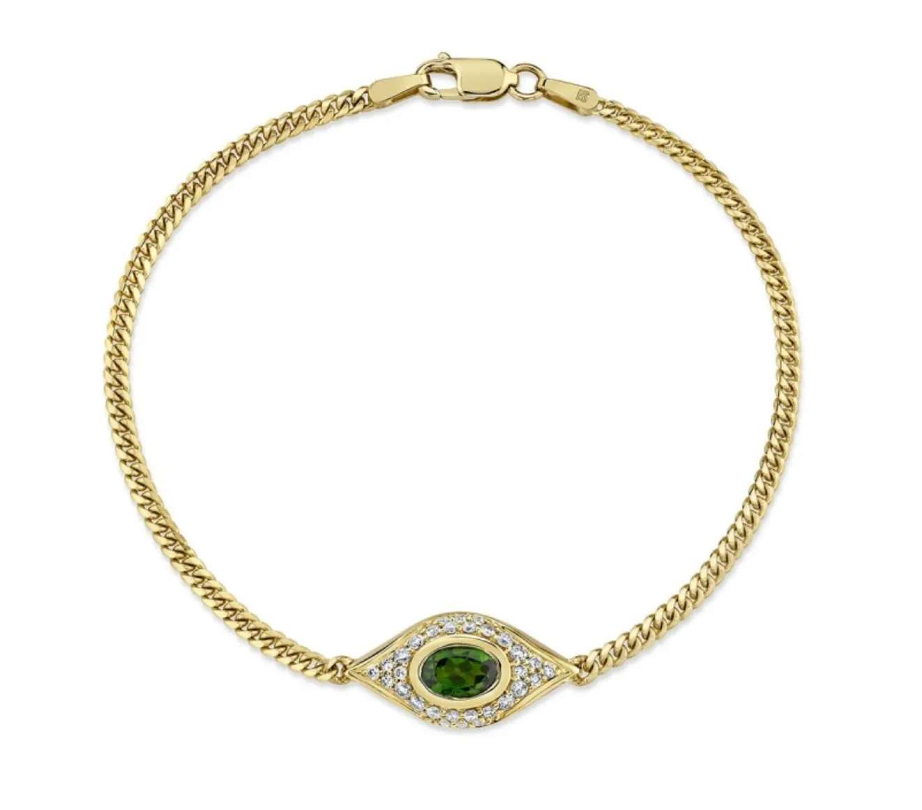 14K YELLOW GOLD DIAMOND OVAL GREEN TOURMALINE EVIL EYE Anklet