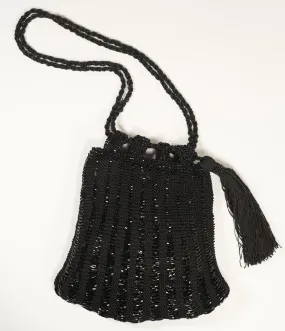 1920s Style Black Beaded & Crochet Tassel Purse