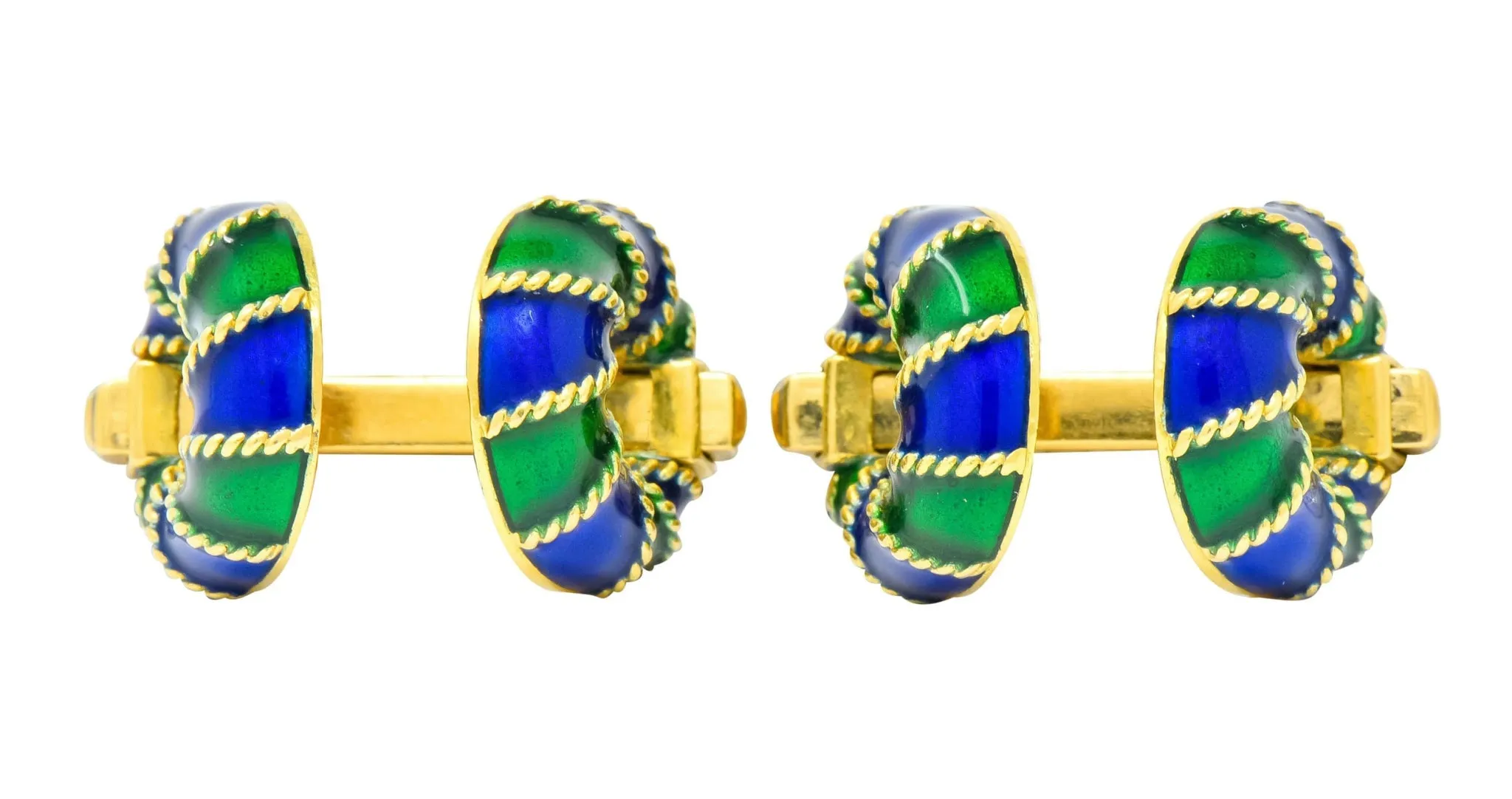 1980's Vintage Green Blue Enamel 18 Karat Gold Men's Cufflinks