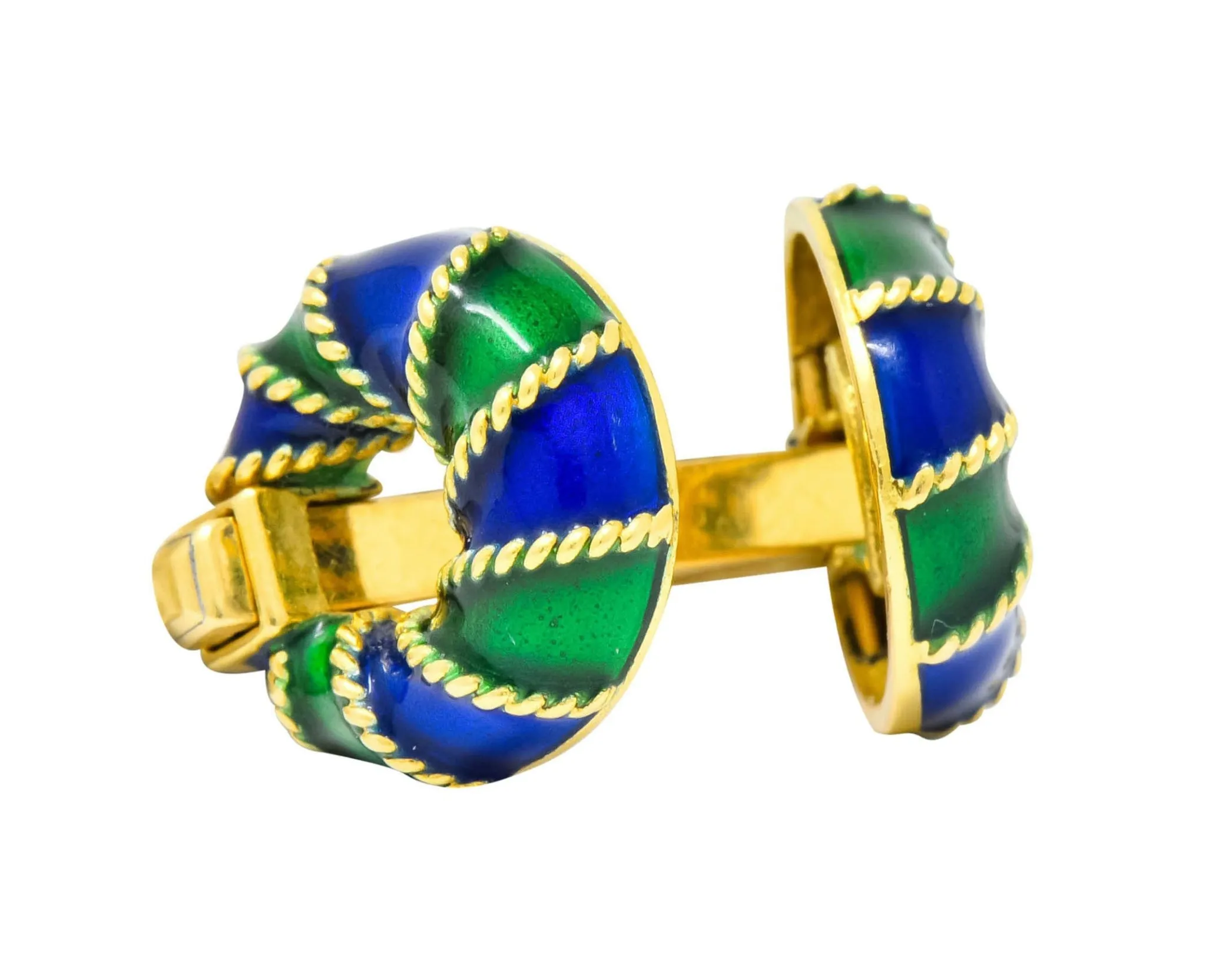 1980's Vintage Green Blue Enamel 18 Karat Gold Men's Cufflinks