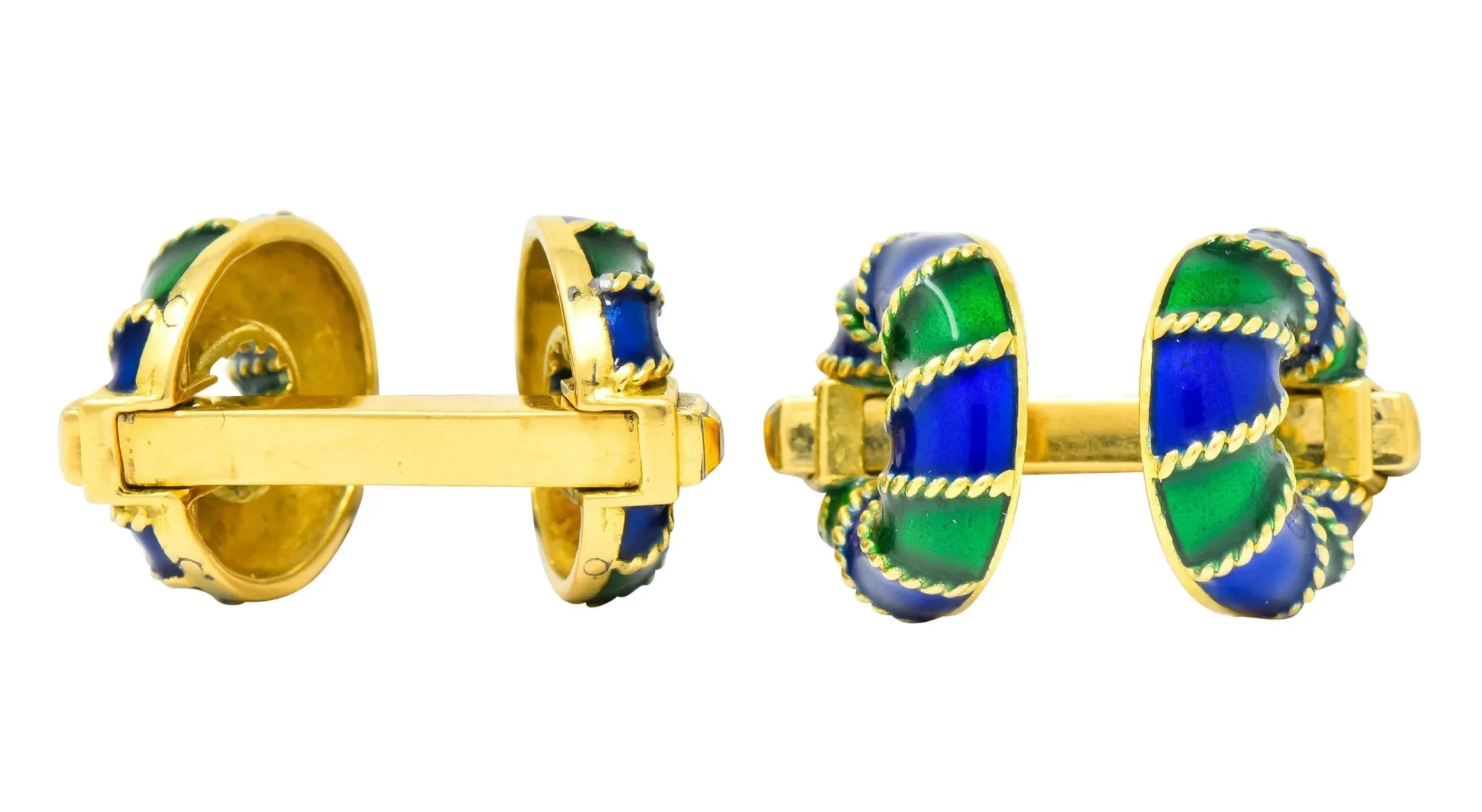 1980's Vintage Green Blue Enamel 18 Karat Gold Men's Cufflinks