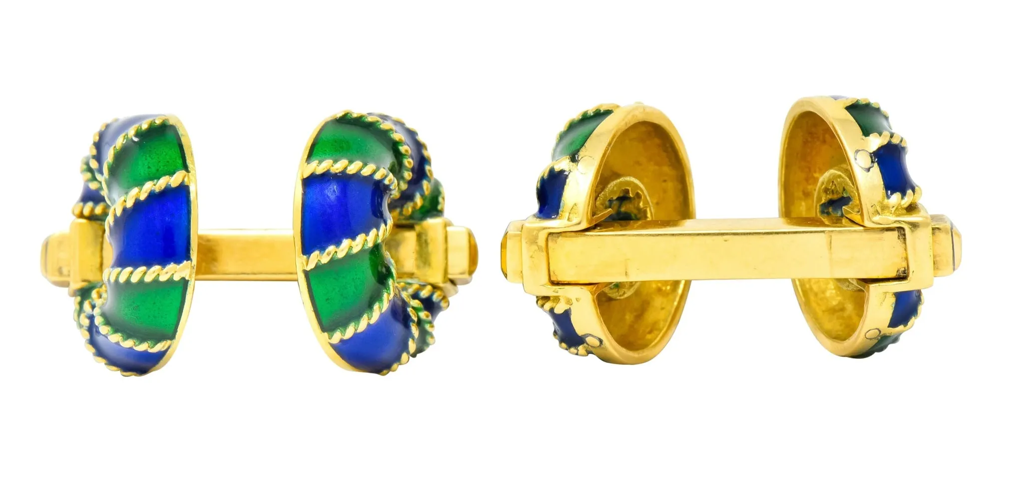 1980's Vintage Green Blue Enamel 18 Karat Gold Men's Cufflinks