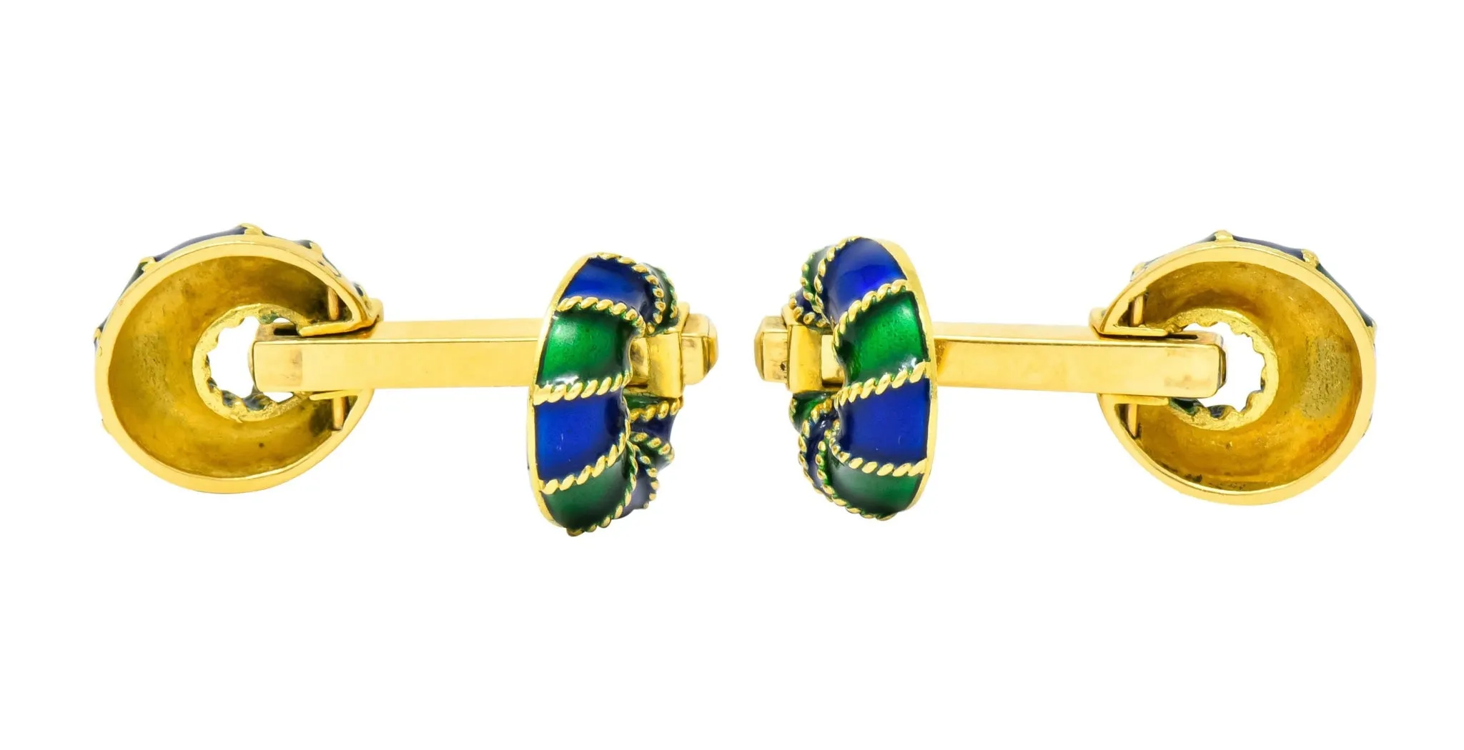 1980's Vintage Green Blue Enamel 18 Karat Gold Men's Cufflinks