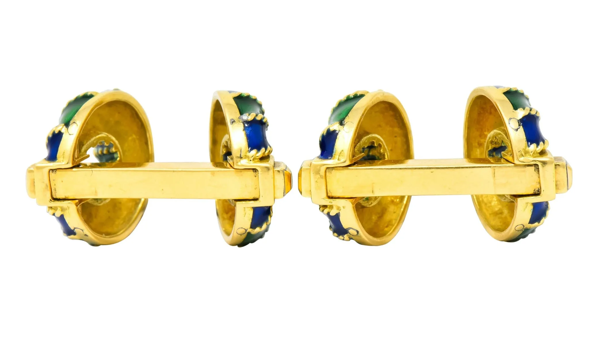 1980's Vintage Green Blue Enamel 18 Karat Gold Men's Cufflinks