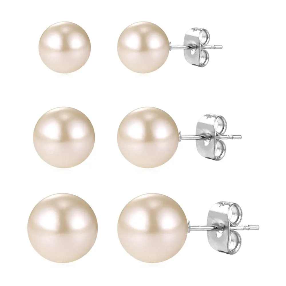 3 Pairs Pearl Stud Earrings Set Surgical Stainless Steel Ear Pin