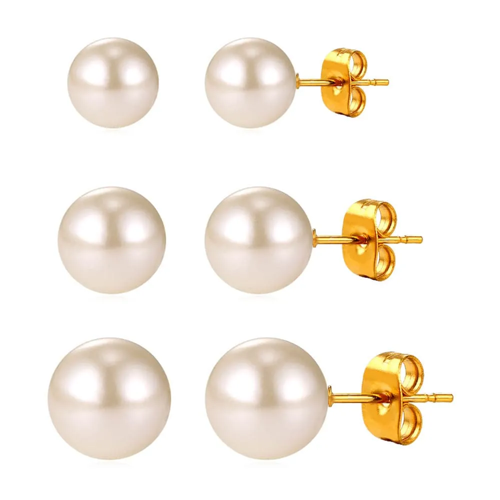 3 Pairs Pearl Stud Earrings Set Surgical Stainless Steel Ear Pin