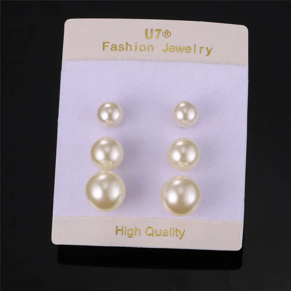 3 Pairs Pearl Stud Earrings Set Surgical Stainless Steel Ear Pin