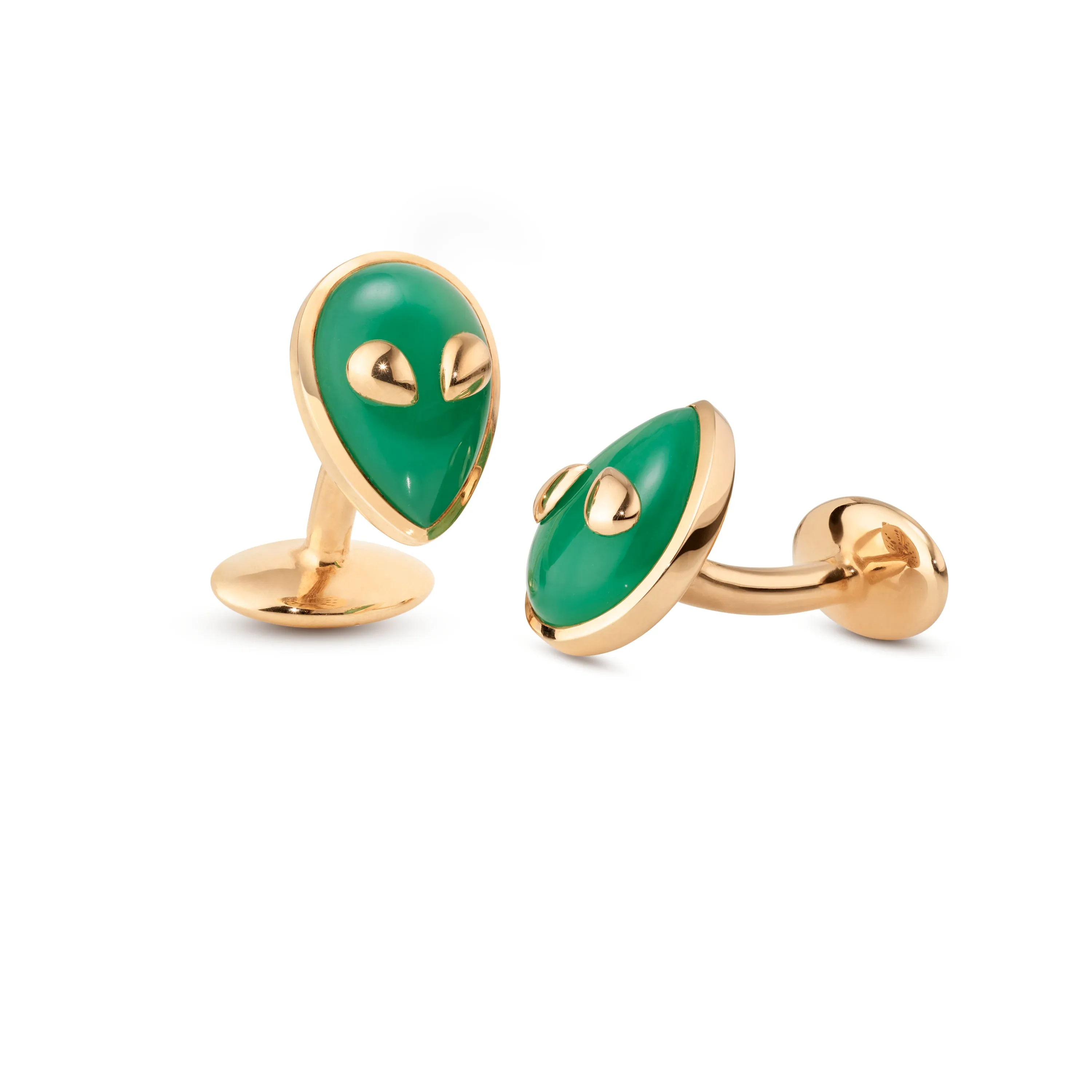 Alien cufflinks yellow gold with chrysoprase