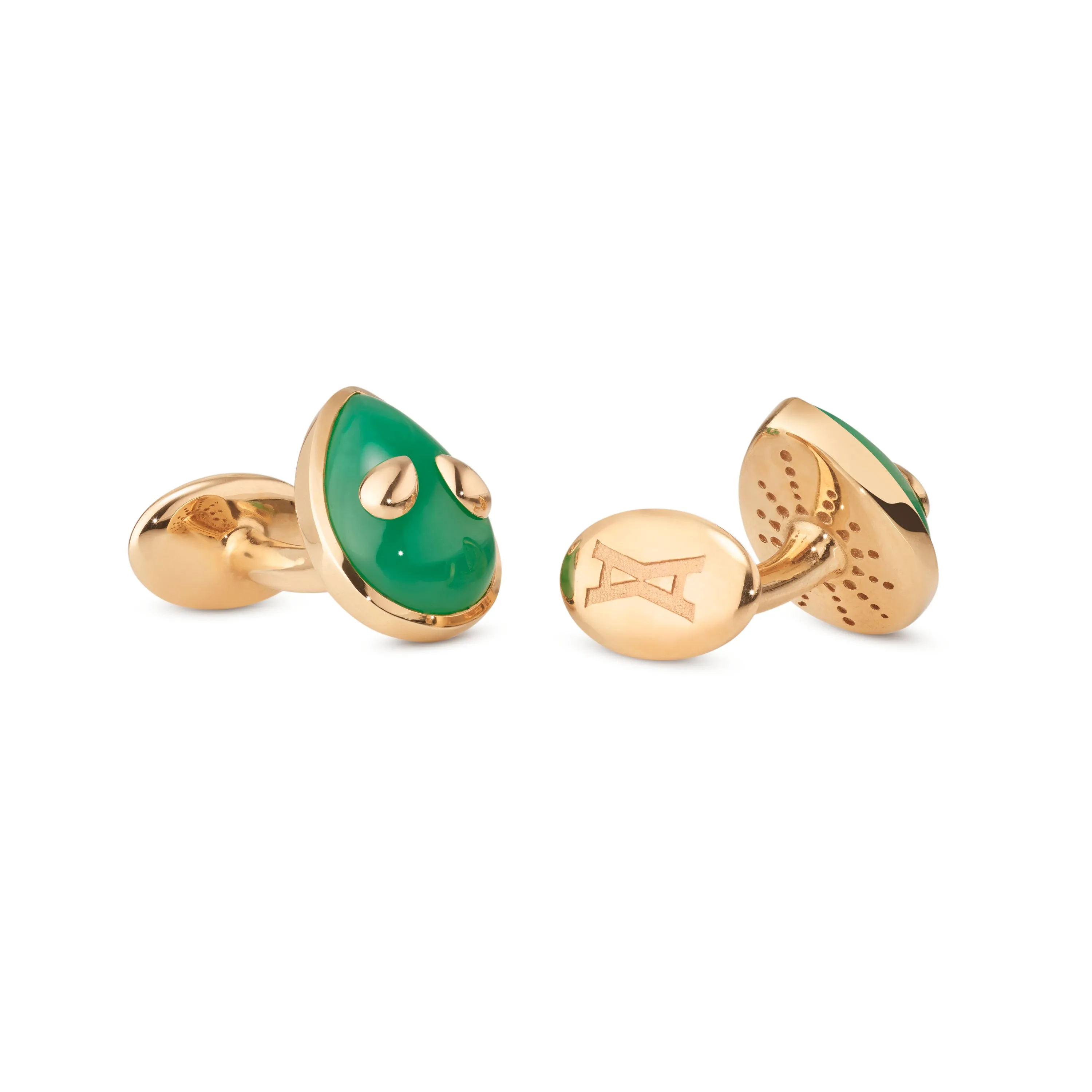 Alien cufflinks yellow gold with chrysoprase