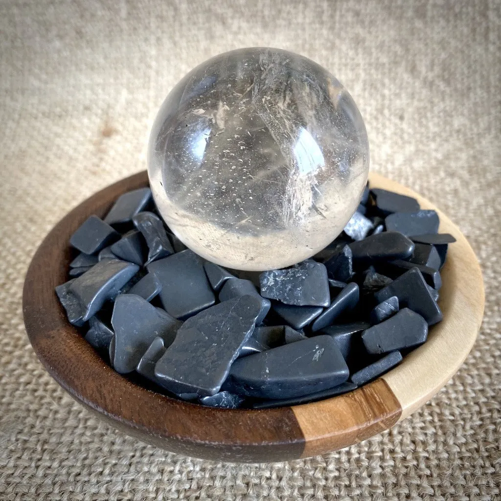 Black Shungite Chip Garden, Quartz Crystal Ball, Custom Wood Bowl