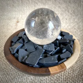 Black Shungite Chip Garden, Quartz Crystal Ball, Custom Wood Bowl