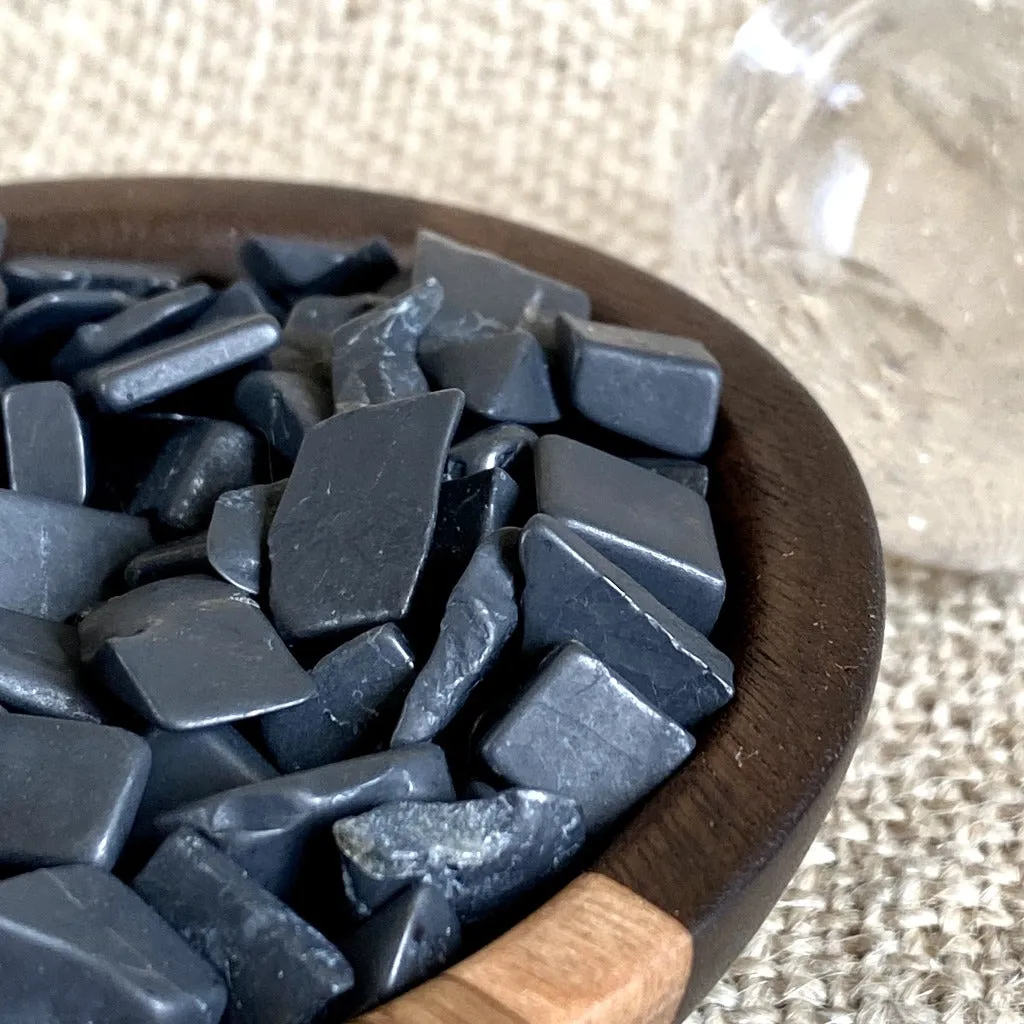 Black Shungite Chip Garden, Quartz Crystal Ball, Custom Wood Bowl