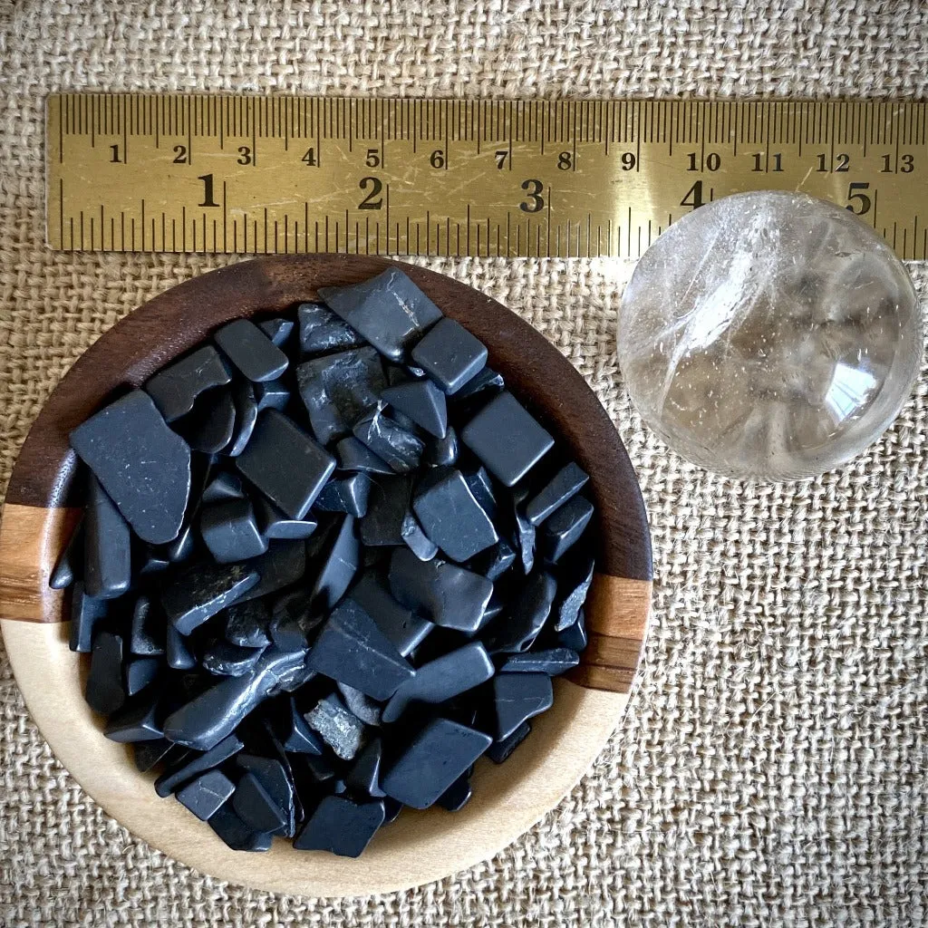 Black Shungite Chip Garden, Quartz Crystal Ball, Custom Wood Bowl