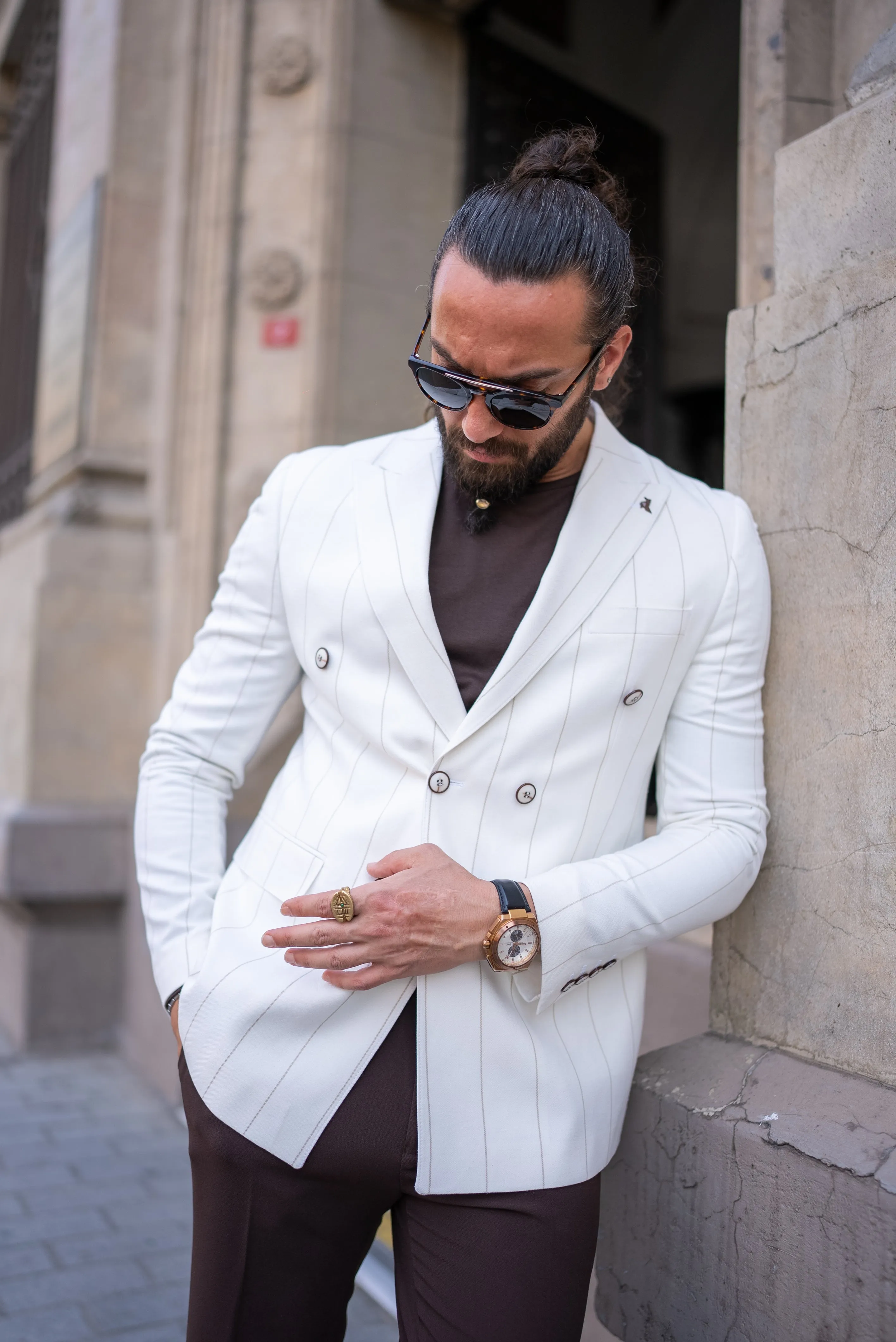 Brabion Noah White Slim Fit Double Breasted Striped Blazer