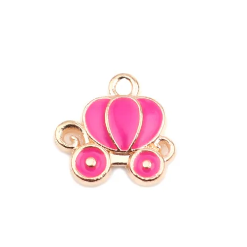 Charms, Cinderella Carriage, Single-Sided, Pink, Enameled, Golden, Alloy, 13mm