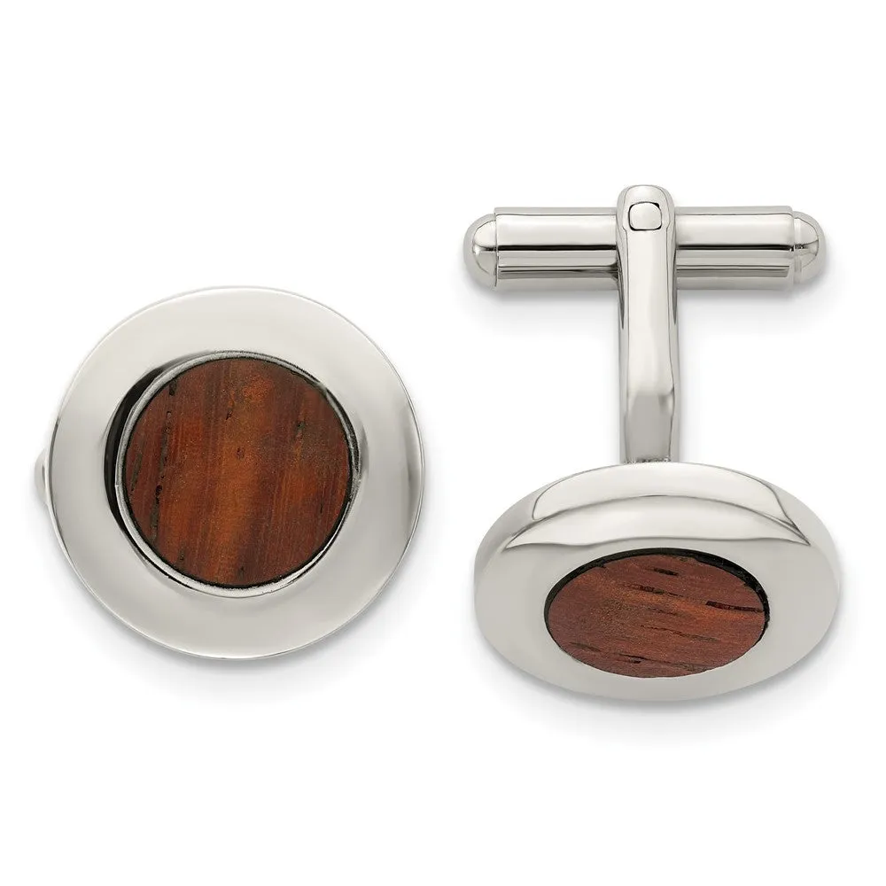 Chisel Stainless Steel Polished Koa Wood Inlay Circle Cufflinks