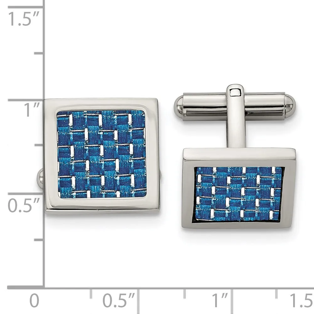 Chisel Stainless Steel Polished with Blue Carbon Fiber Inlay Square Cufflinks