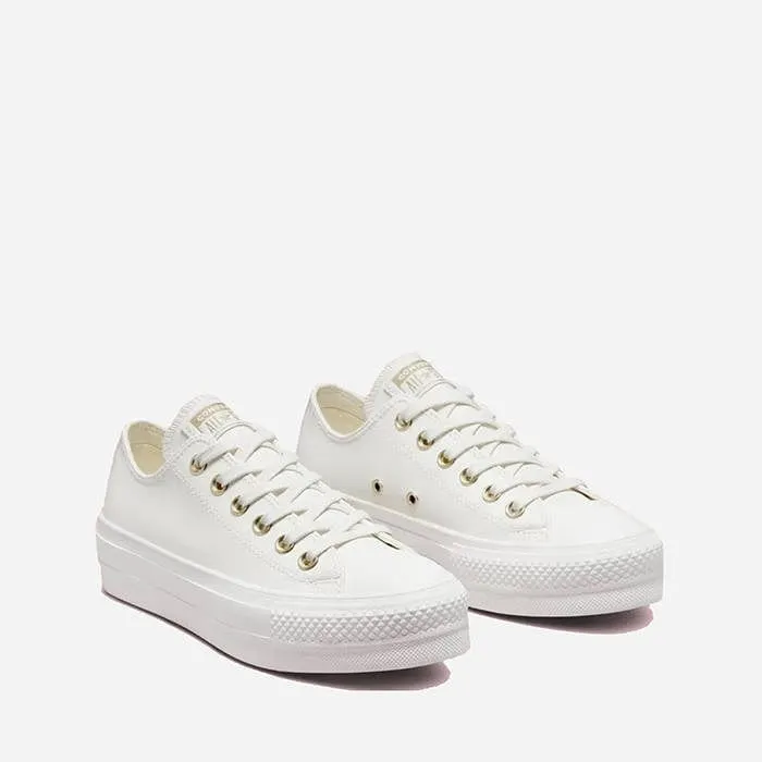 CONVERSE WOMEN'S CHUCK TAYLOR ALL STAR SYNTHETIC LEATHER LIFT PLATFORM LOW TOP VINTAGE WHITE SHOES