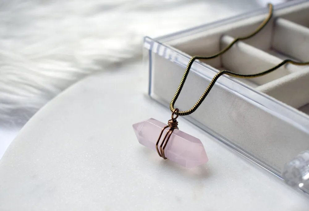 Edgy Petal - Necklace - Maleficent -  Geometric Wrapped Rose Quartz Crystal