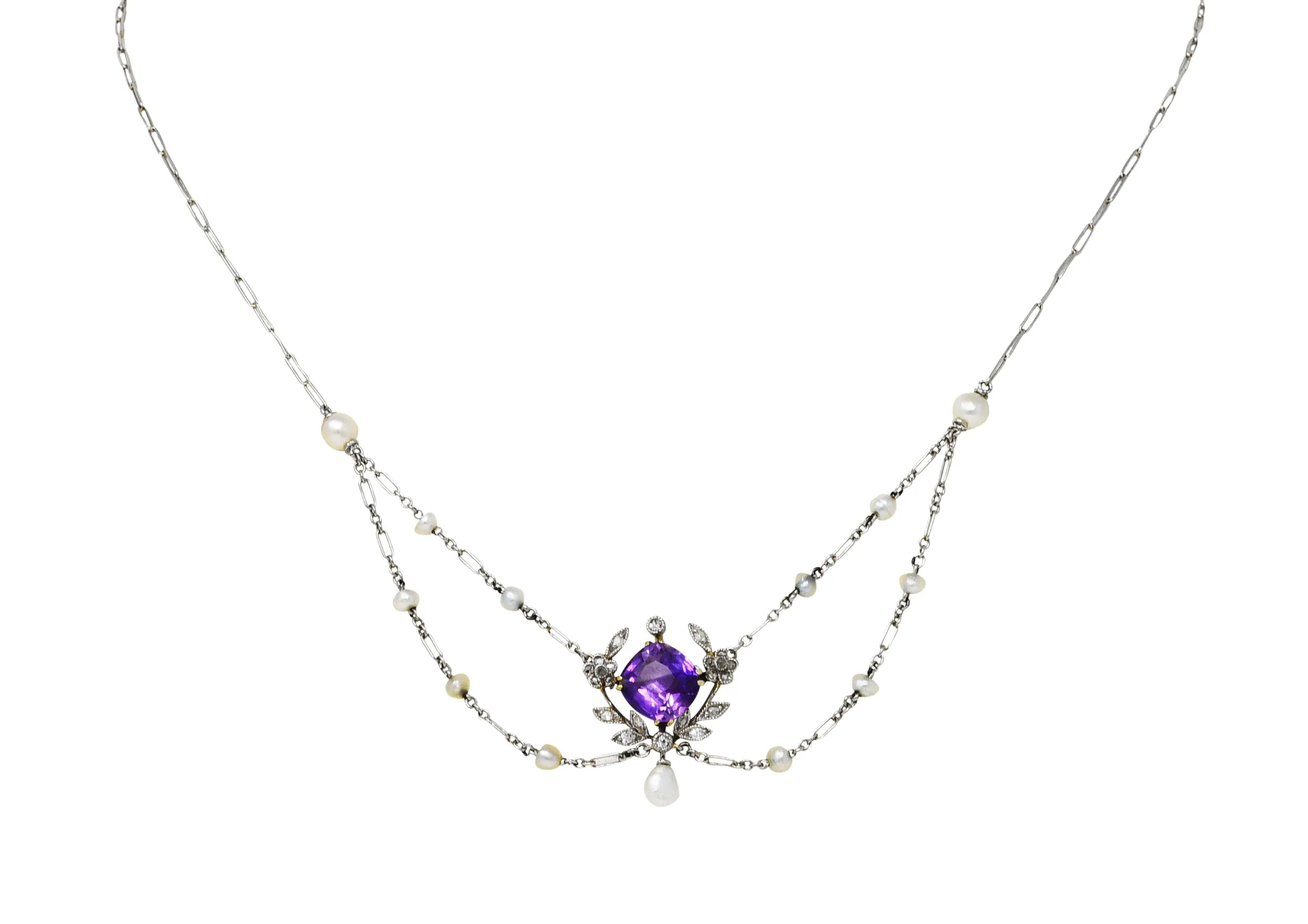 Edwardian Amethyst Diamond Pearl Platinum-Topped 18 Karat Gold Swag Necklace