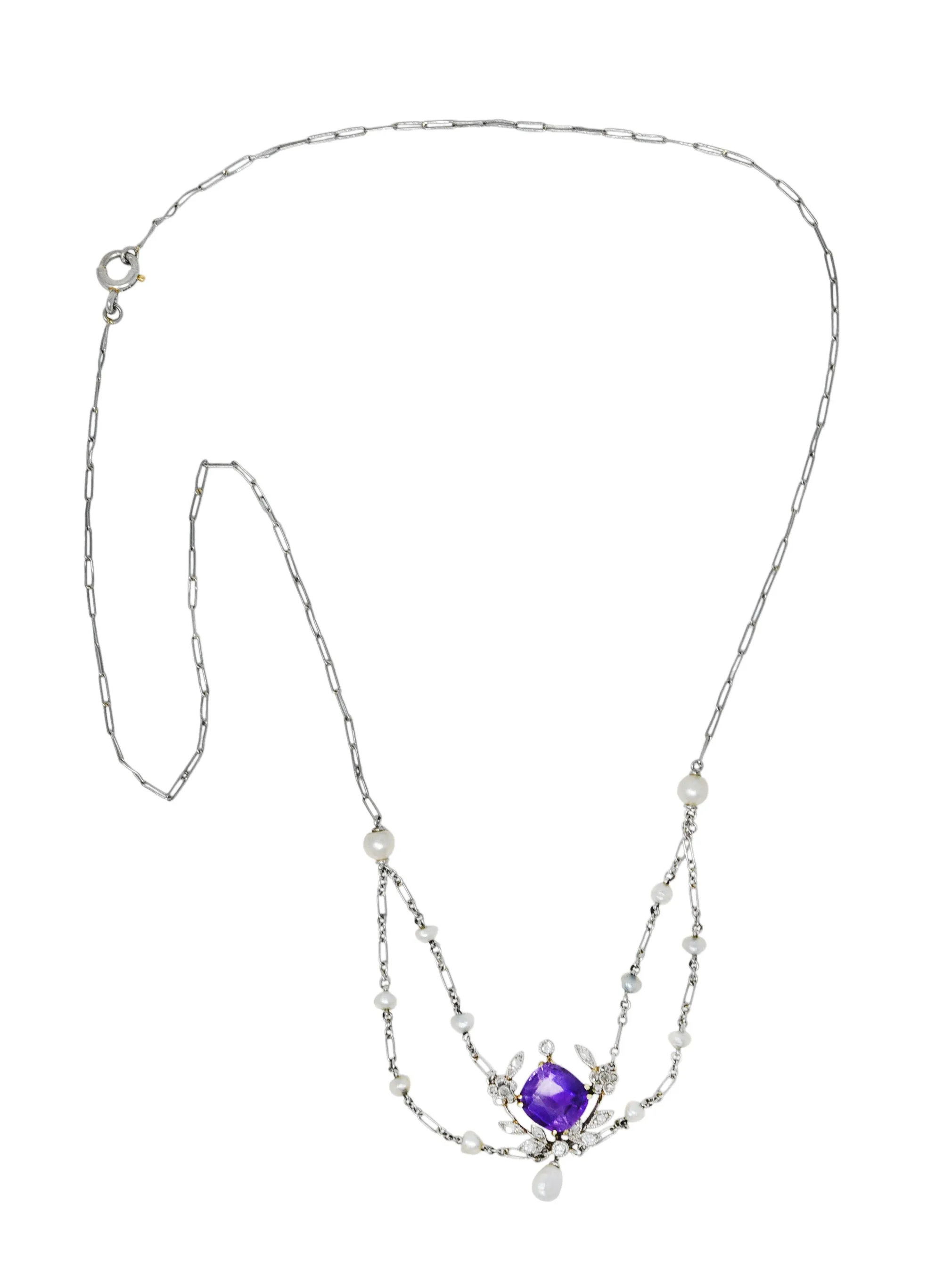 Edwardian Amethyst Diamond Pearl Platinum-Topped 18 Karat Gold Swag Necklace