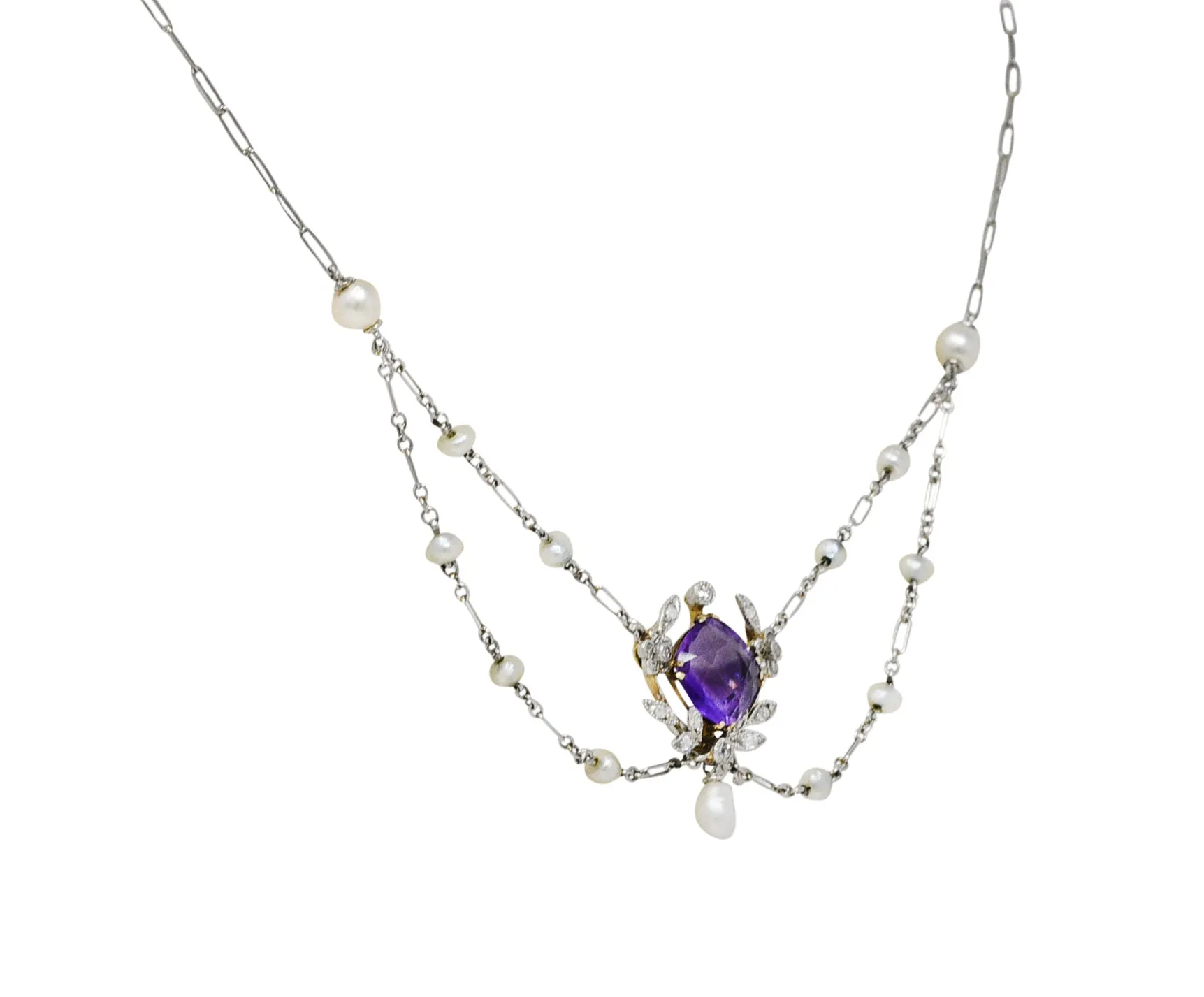 Edwardian Amethyst Diamond Pearl Platinum-Topped 18 Karat Gold Swag Necklace