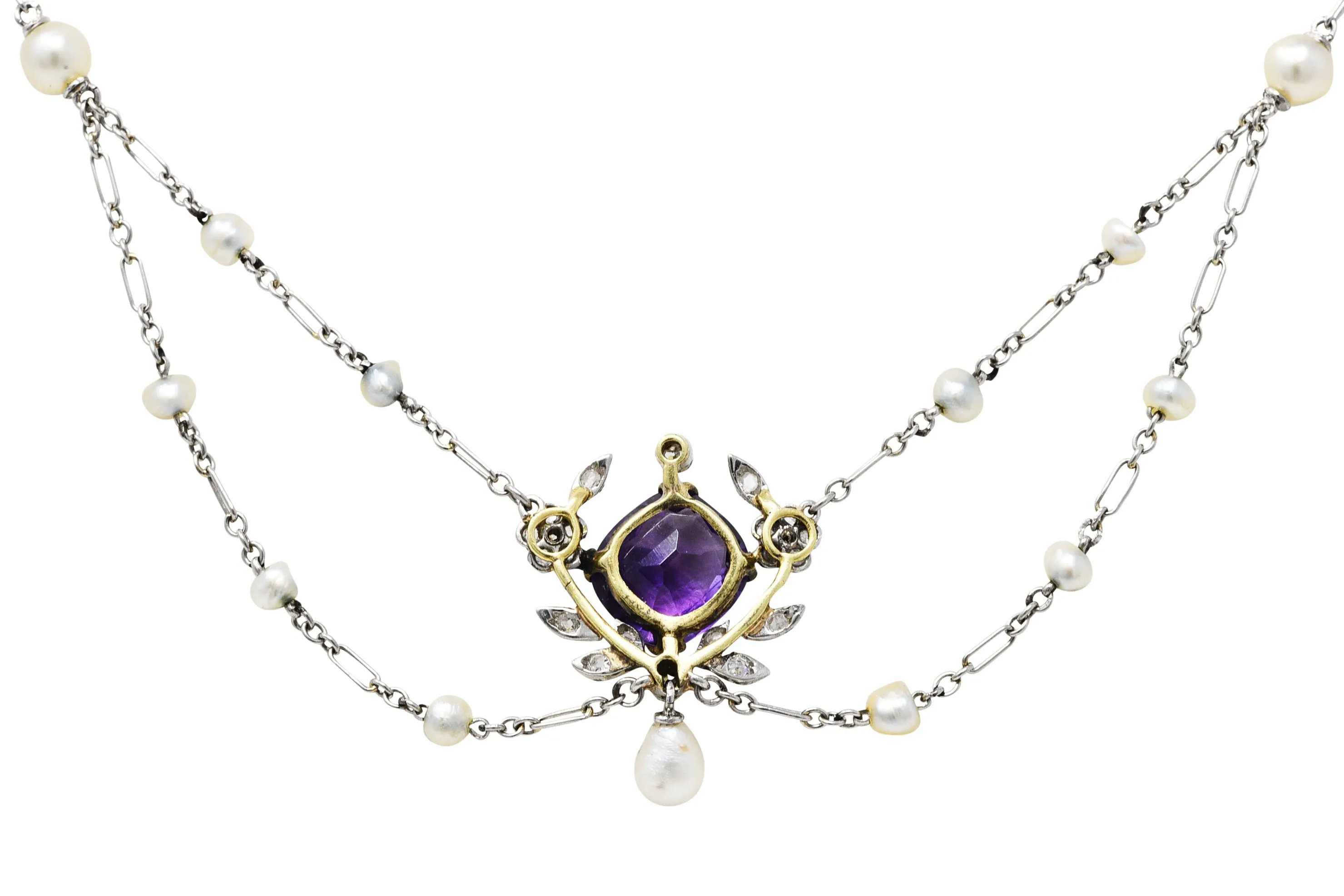 Edwardian Amethyst Diamond Pearl Platinum-Topped 18 Karat Gold Swag Necklace