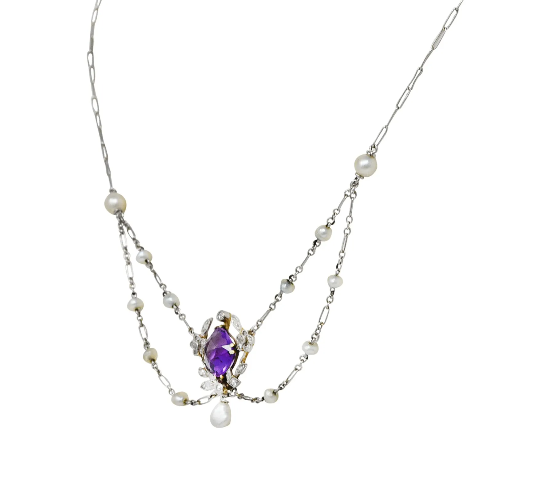 Edwardian Amethyst Diamond Pearl Platinum-Topped 18 Karat Gold Swag Necklace