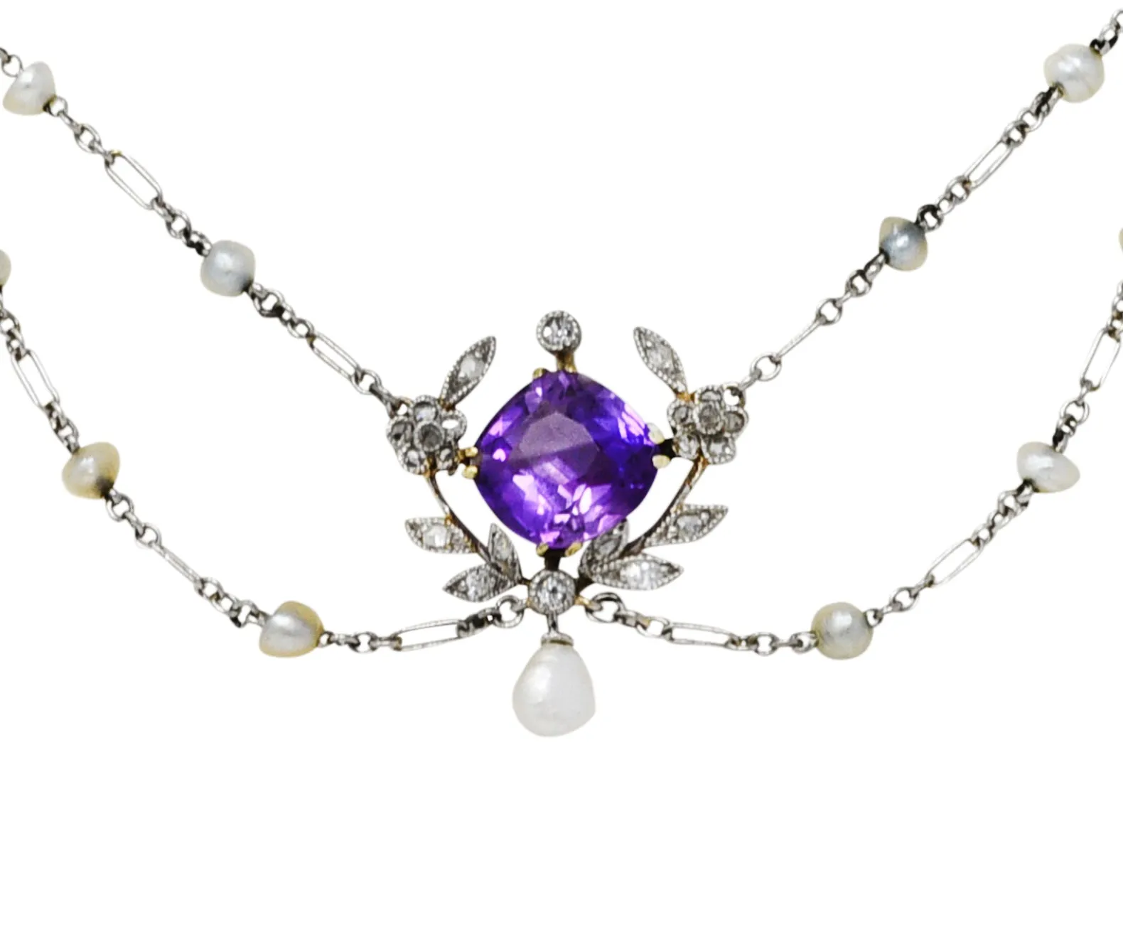 Edwardian Amethyst Diamond Pearl Platinum-Topped 18 Karat Gold Swag Necklace