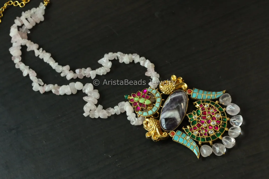 Fusion Kundan Necklace - Rose Quartz Chain