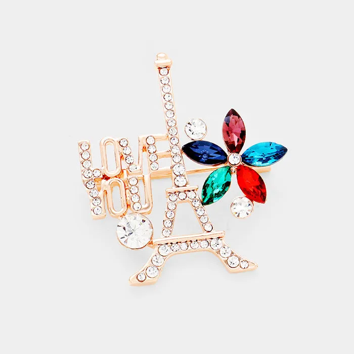 iLLASPARKZ Love you Flower Rhinestone Pave Paris Eiffel Brooch