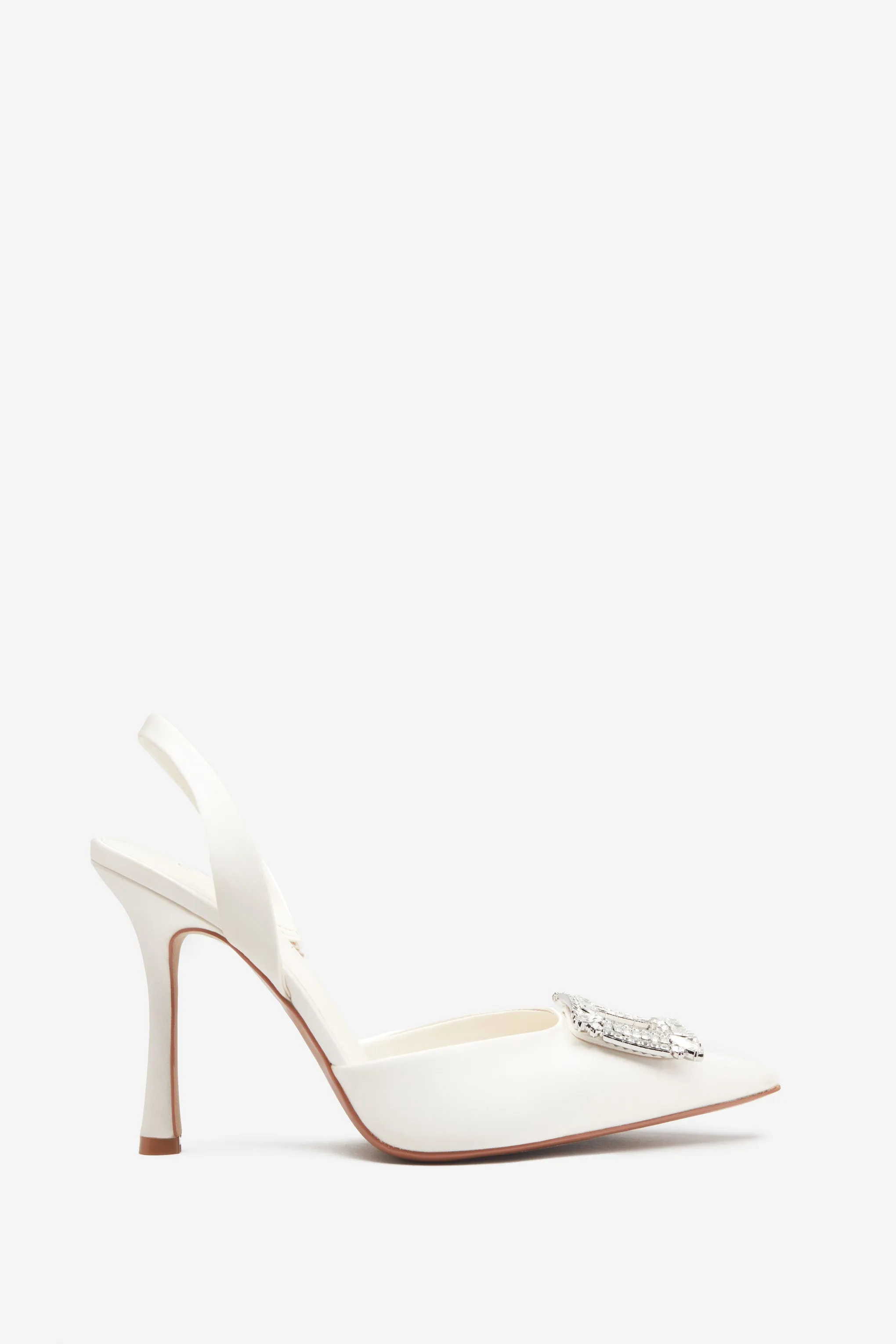 Just A Fling | Ivory Satin Sling Back Heels With Diamante Brooches