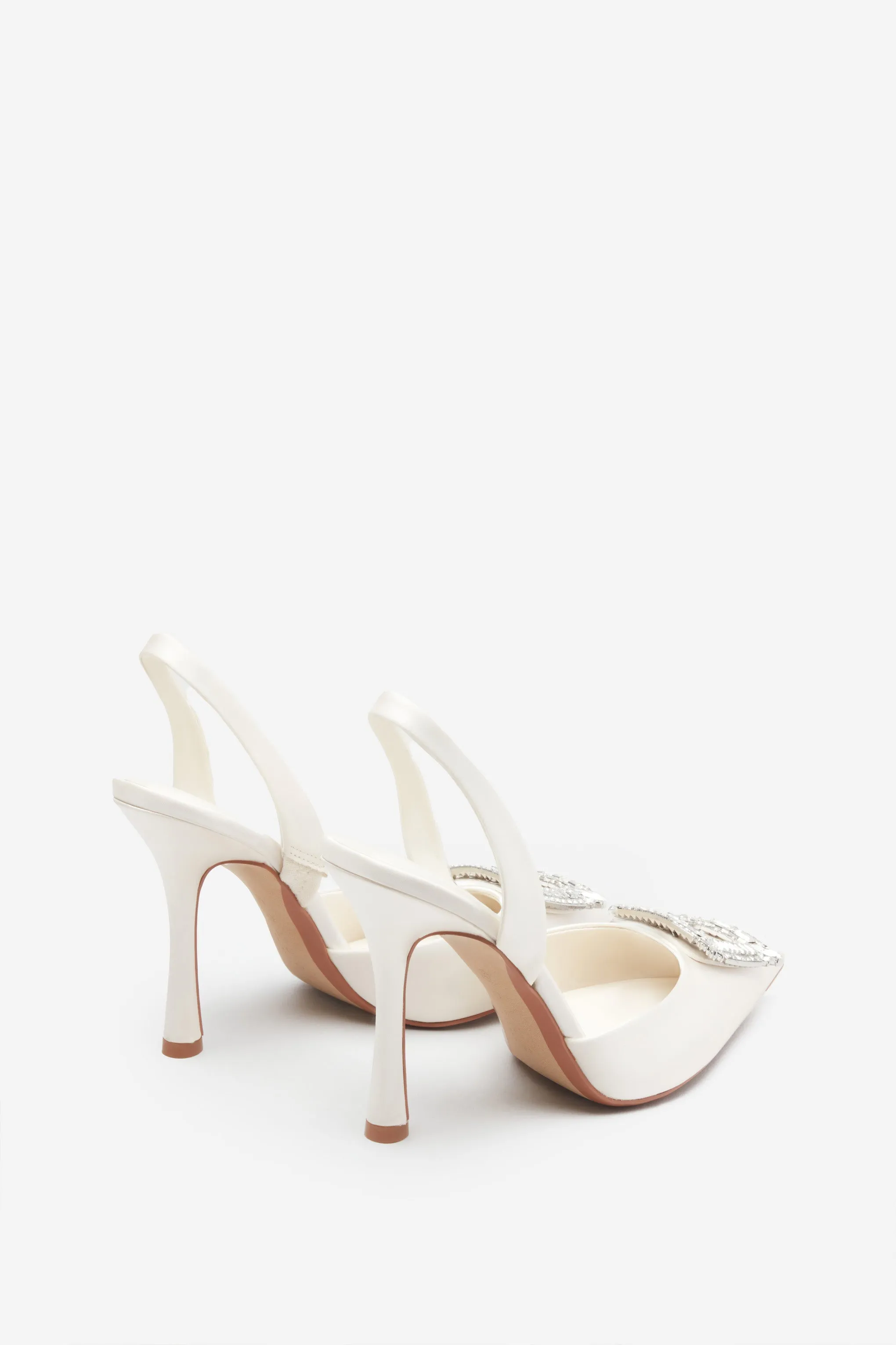 Just A Fling | Ivory Satin Sling Back Heels With Diamante Brooches