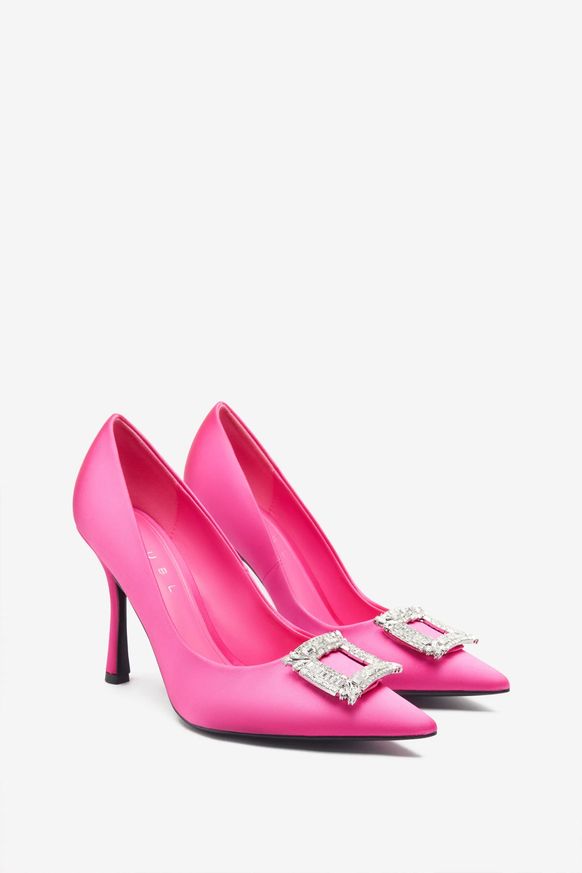 Lawless | Hot Pink Satin Pointed Court Heels With Diamante Brooches