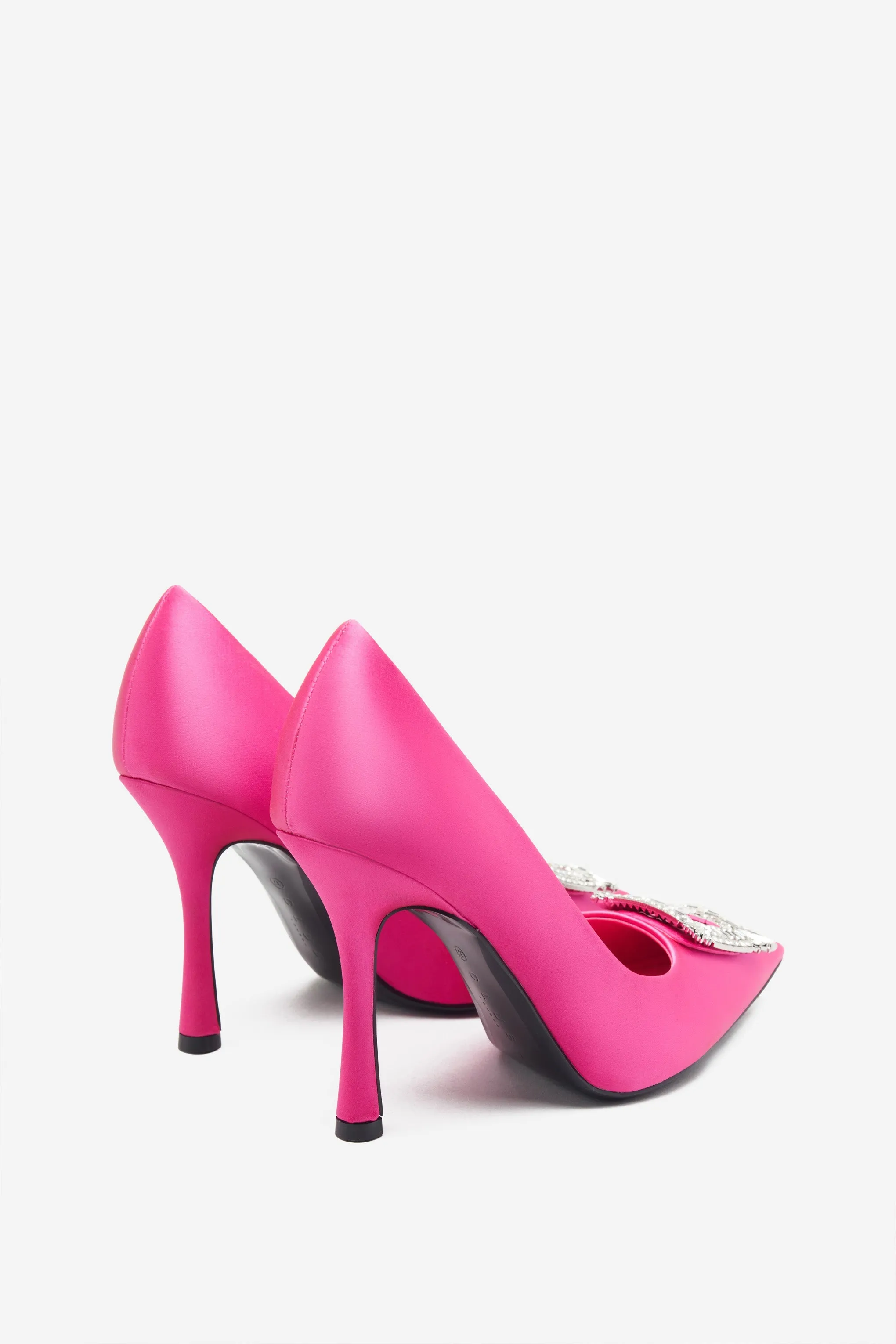 Lawless | Hot Pink Satin Pointed Court Heels With Diamante Brooches