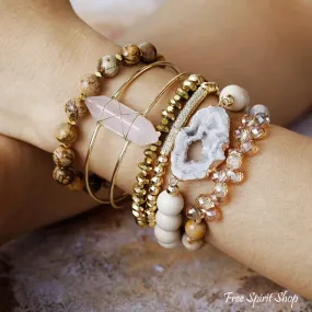 Natural Druzy Picture Jasper & Rose Quartz Bracelet Set