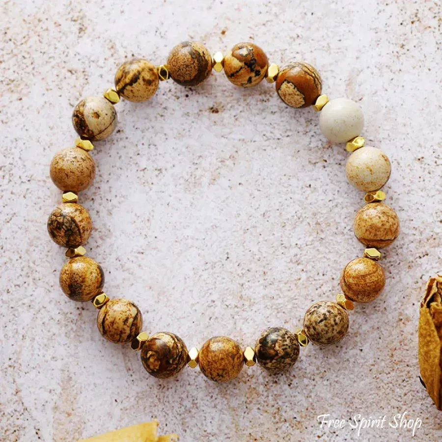 Natural Druzy Picture Jasper & Rose Quartz Bracelet Set