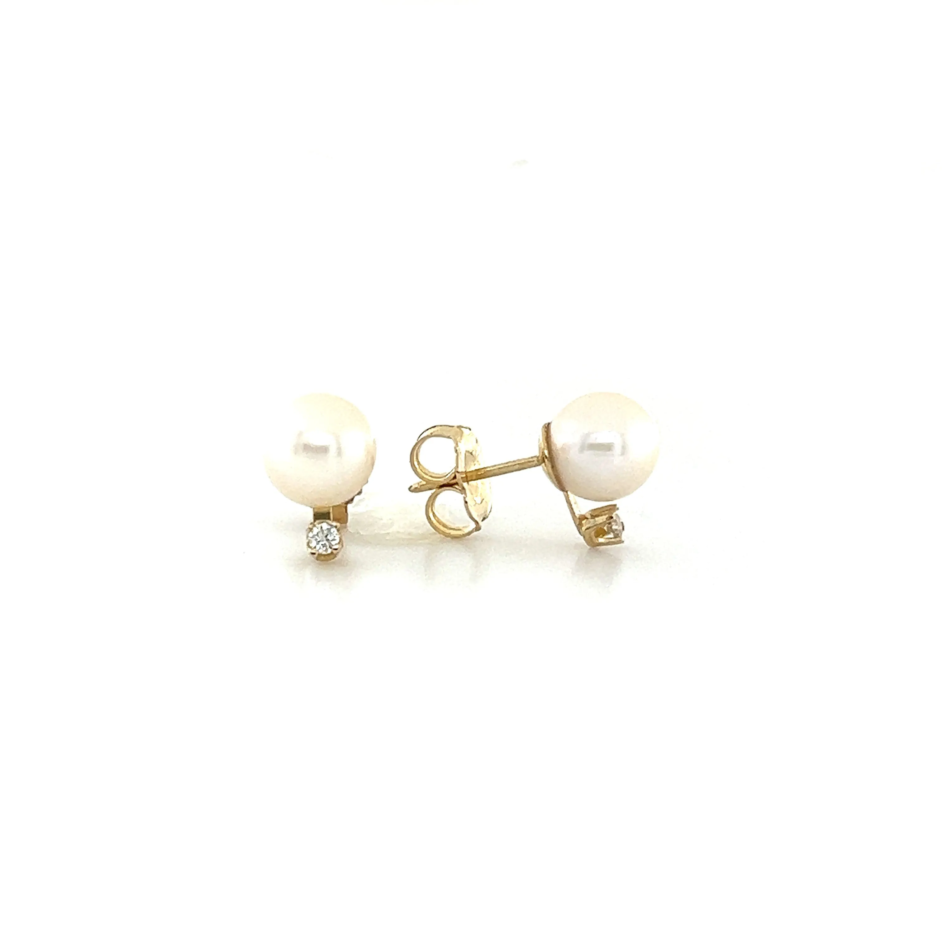 Pearl 6mm Stud Earrings  with Diamond Accents in 14K Yellow Gold